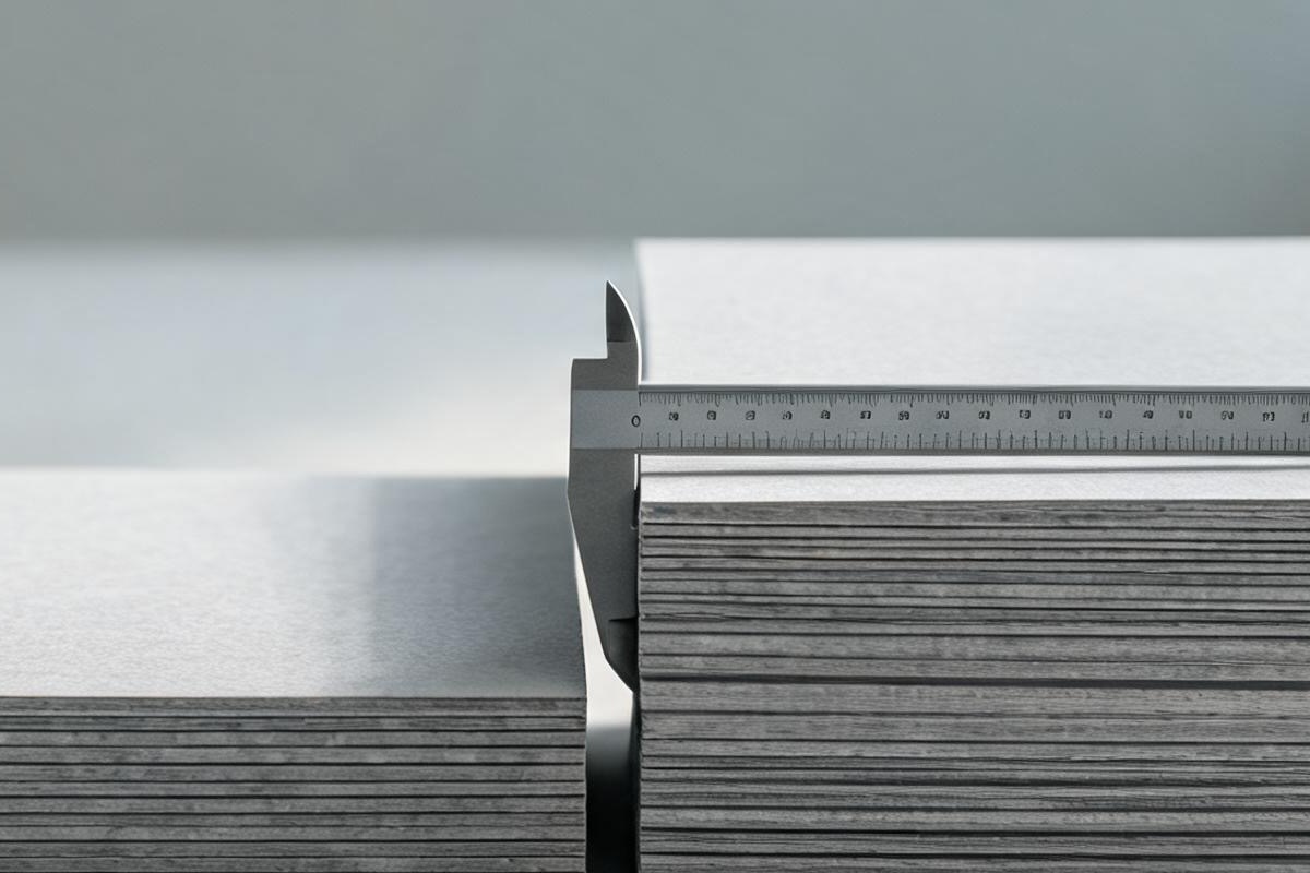 Two stacks of greyboard of different thicknesses with a digital caliper on a workbench