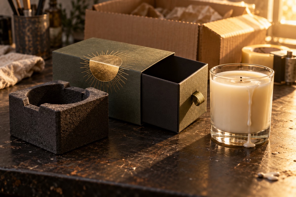 A dark green drawer box with a gold foil sunburst sleeve lying half open beside its black foam collar, a glass candle jar, and a kraft shipping box with crinkle paper in the background