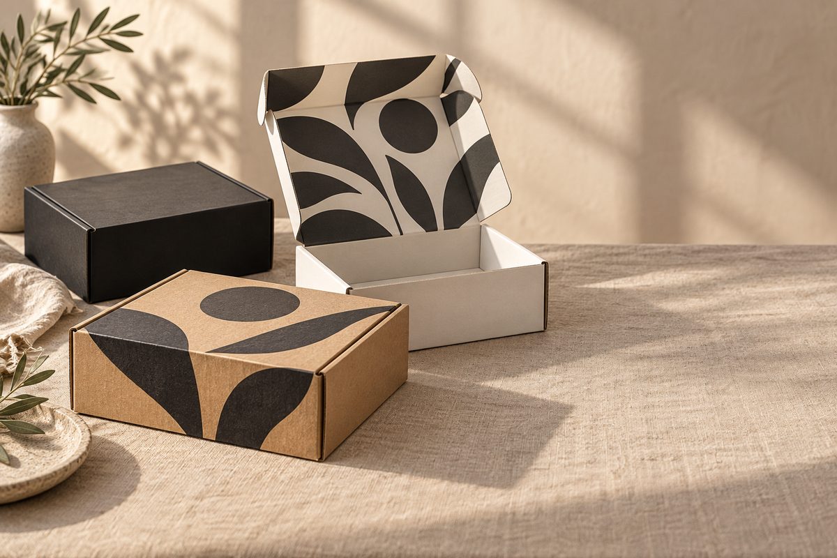 Three corrugated mailer boxes on a linen table: a kraft mailer with a black printed pattern, a matte black mailer, and a white mailer standing open to show a printed pattern inside the lid