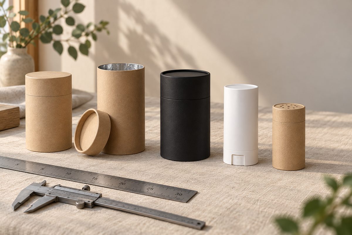 Five cylinder packs on a linen workshop table: kraft tube with lid, kraft tube with foil liner and lid lifted, black rigid cylinder, white push-up tube and a kraft shaker tube, with a steel ruler and calipers in front