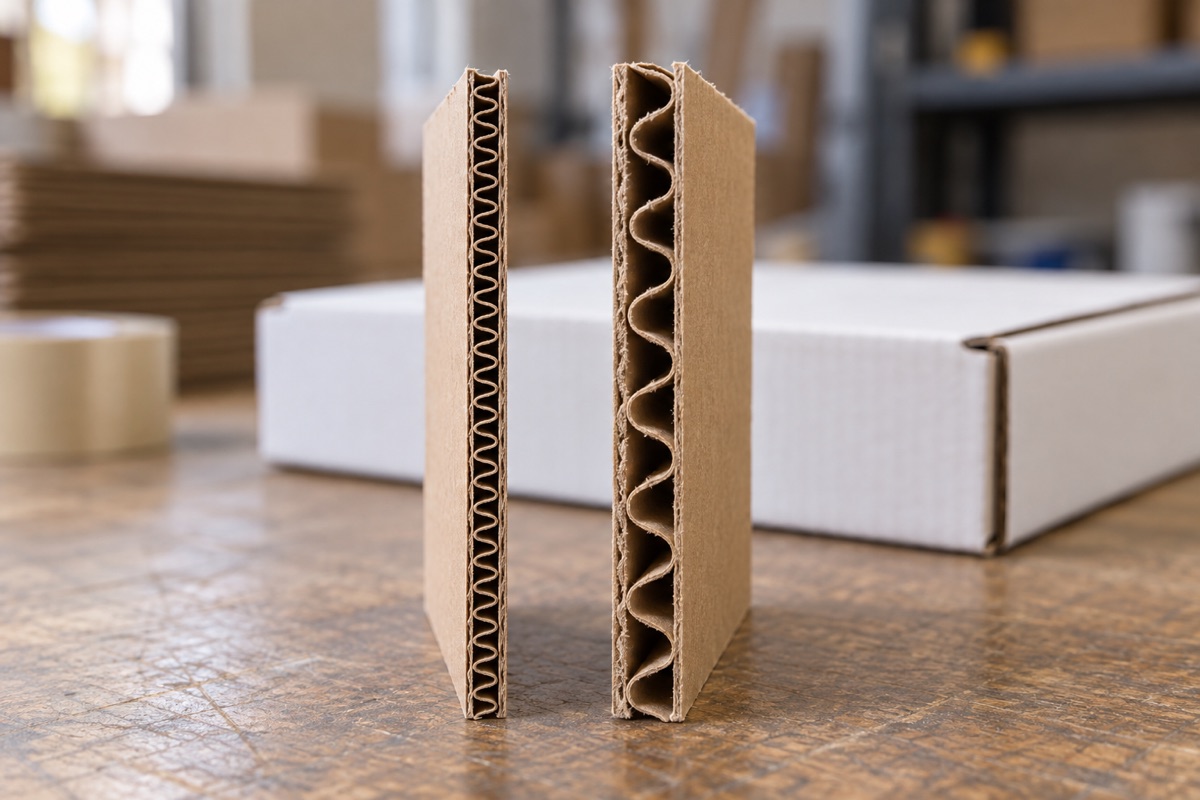 Edge-on view of E-flute and B-flute corrugated boards side by side showing fine and coarse flute profiles on a workshop table