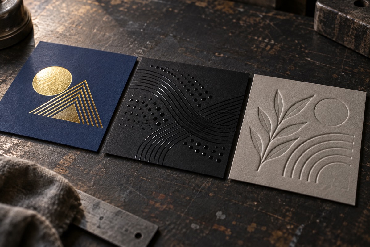 Three finish swatches side by side on a workshop table — metallic gold foil on matte navy, glossy spot-UV lines on matte black, and a raised embossed relief on grey card