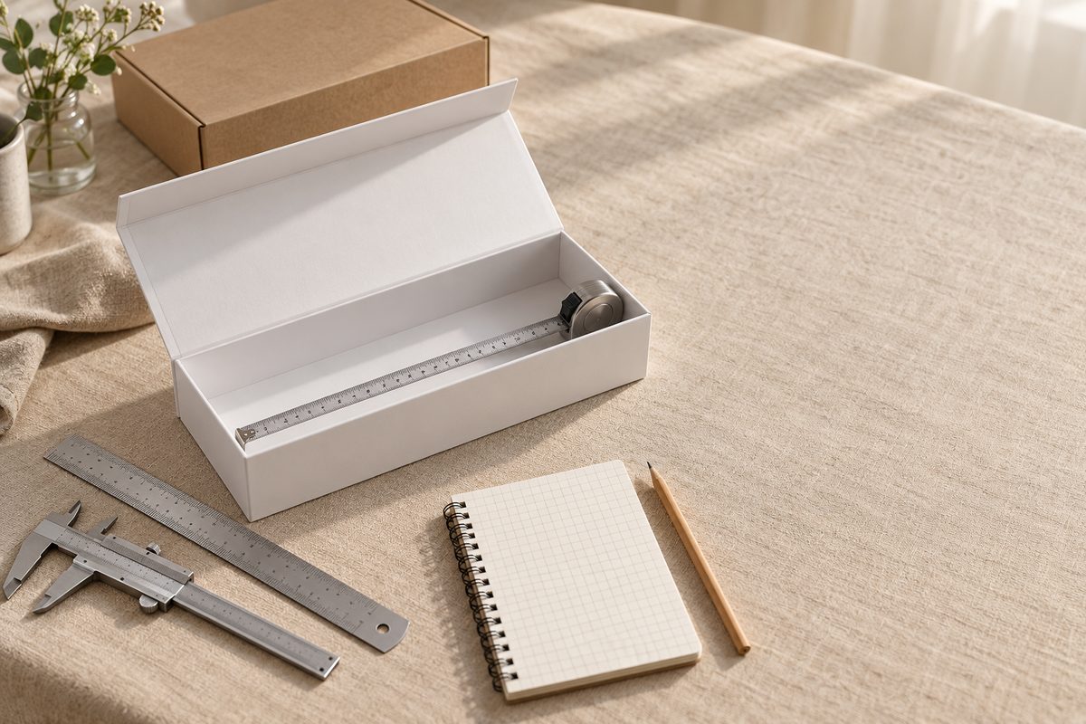 An open white rigid gift box on a linen table with a steel tape measure laid along its inside length, a steel ruler, calipers and a blank grid notebook beside it, and a kraft mailer box in the background