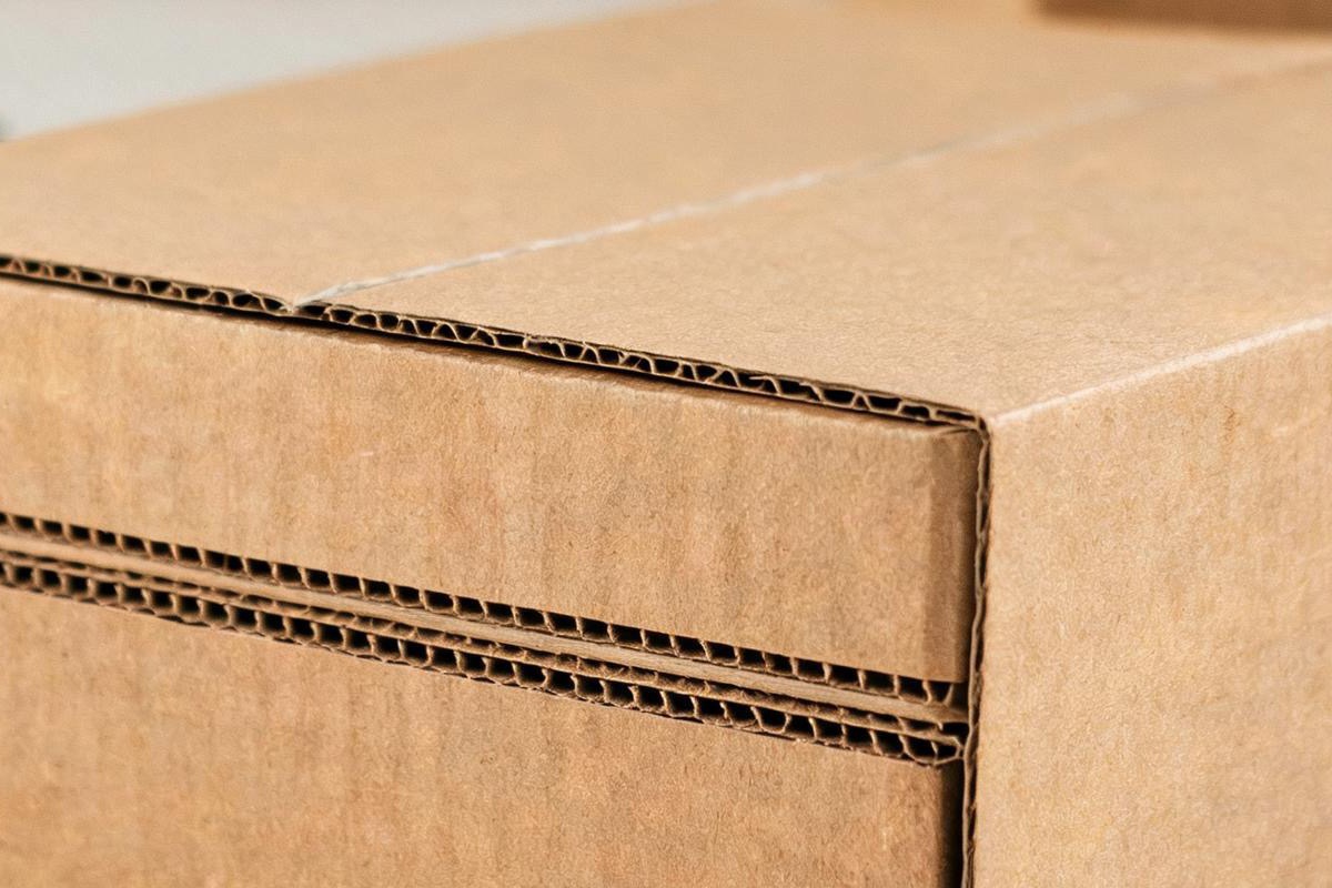 Close-up of a scored crease line on a brown corrugated mailer box