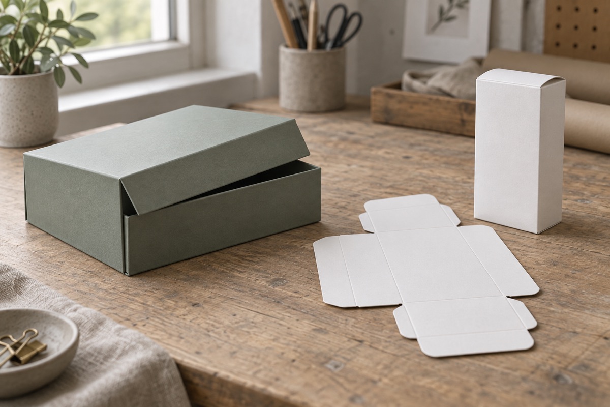 An assembled rigid gift box beside a flat folding carton blank and a folded tuck-end carton on a workshop table