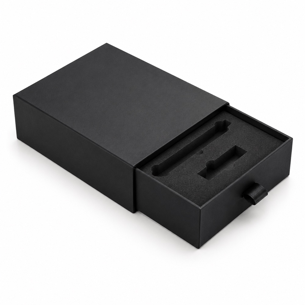Minimalist Black Cardboard Drawer Box with Sponge Insert for Pens & USB