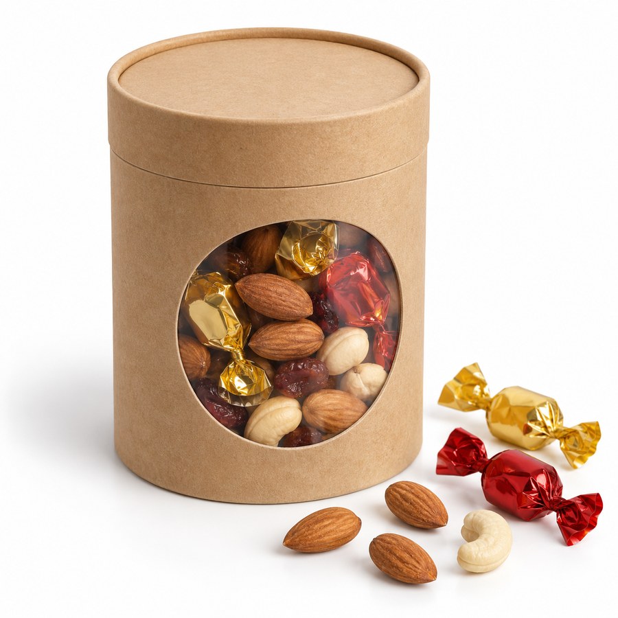 Kraft Cylinder Canister with Window for Snacks, Candy & Nuts